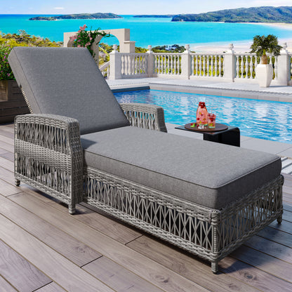 GO Outdoor Long Reclining Chaise, Wicker Lounge with Armrests, Patio Adjustable Recliner with Soft Removable Cushions, All Weather Rattan Pool Lounge for Poolside & Garden, Gray image 1
