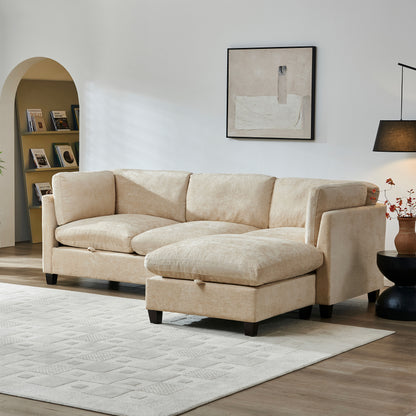 96.5" Sectional Couch for Living room, Upholstered Soft Chenille Fabric Sofa, 3-Seater with One Ottoman L Shape Sofa Light Coffee image 2