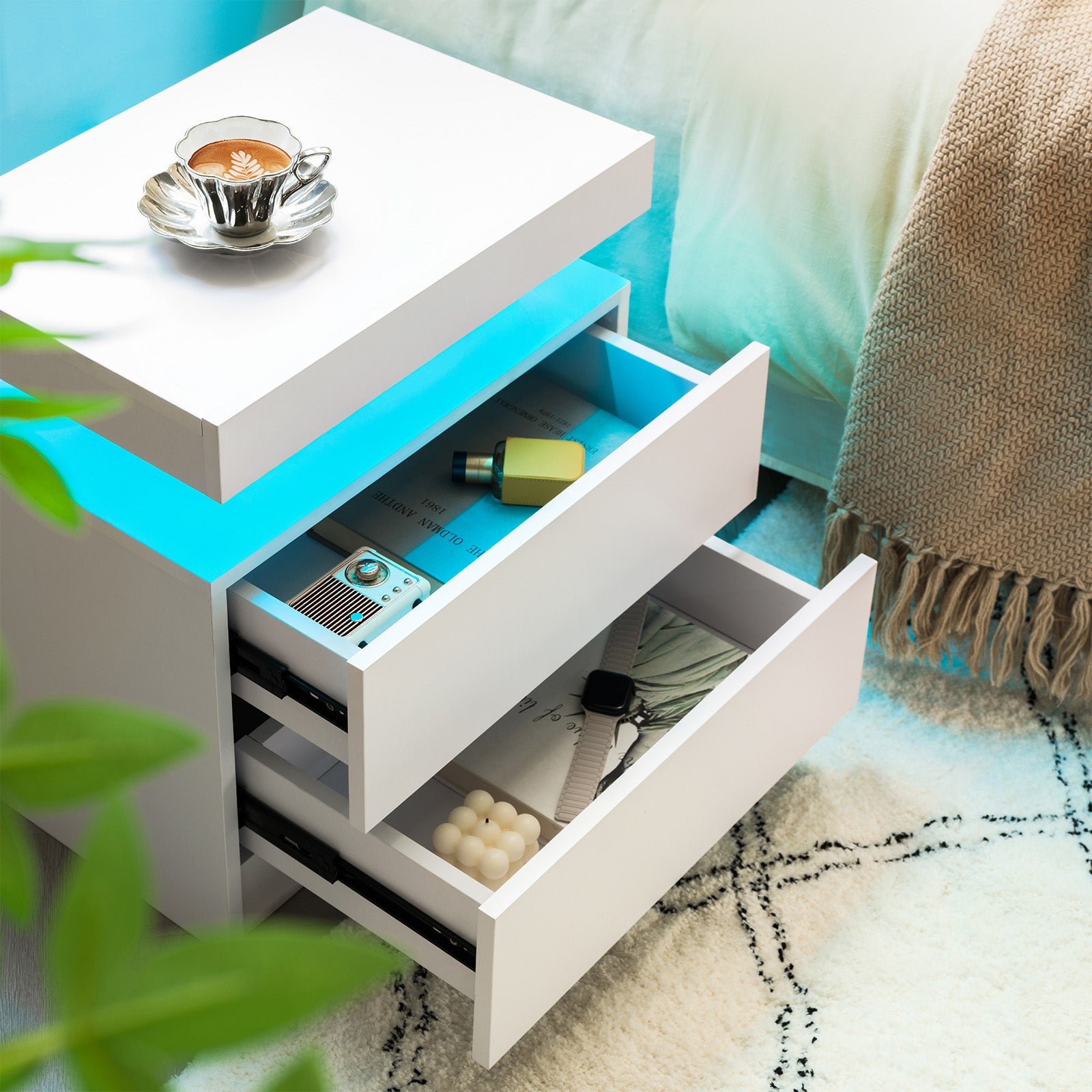 Nightstand LED Bedside Table Cabinet Lights Modern End Side with 2 Drawers for Bedroom (White) image 4