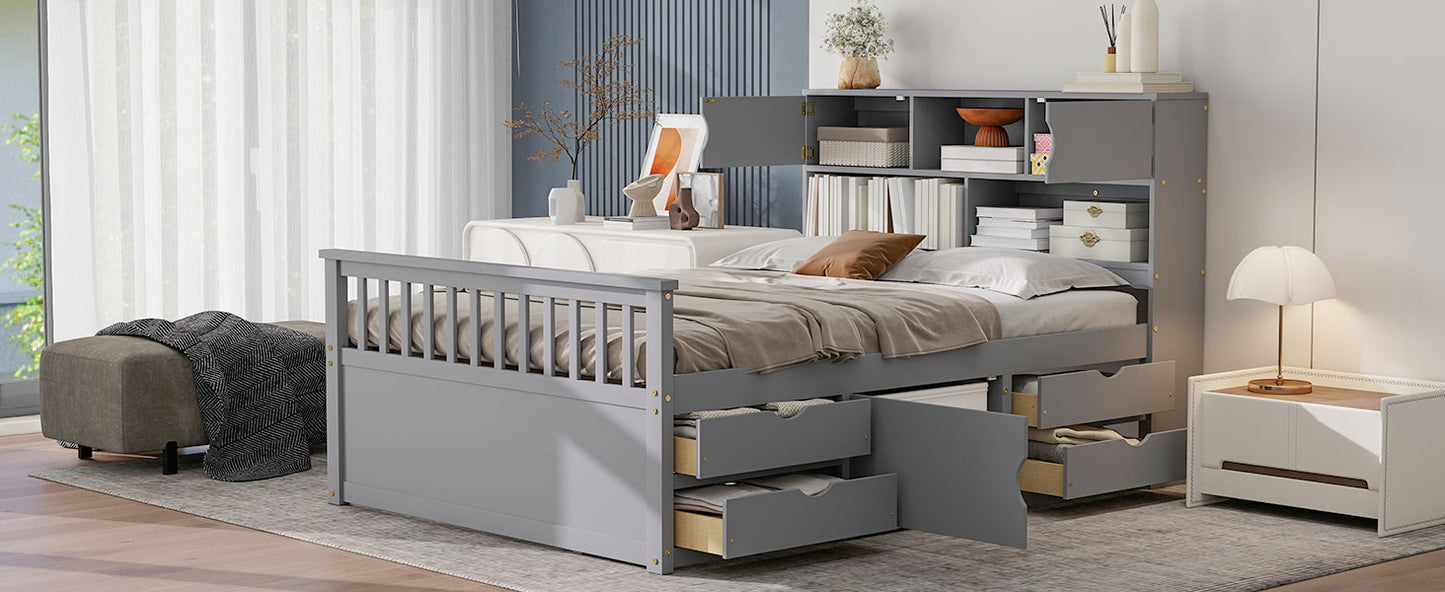 Full Size Captain Platform Bed Frame with Storage Bookcases and Shelves,Four Drawers,Gray image 7