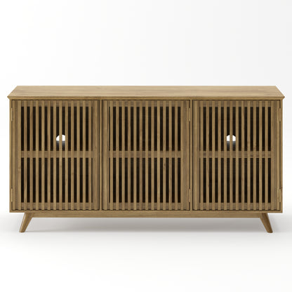 58.86" Solid Knot-Free Pine Wood TV Stand, Mid-Century Modern Storage Cabinet with No Handle Doors and Adjustable Shelf, Entertainment Center for Living Room, Bedroom, Kitchen, Natural image 8