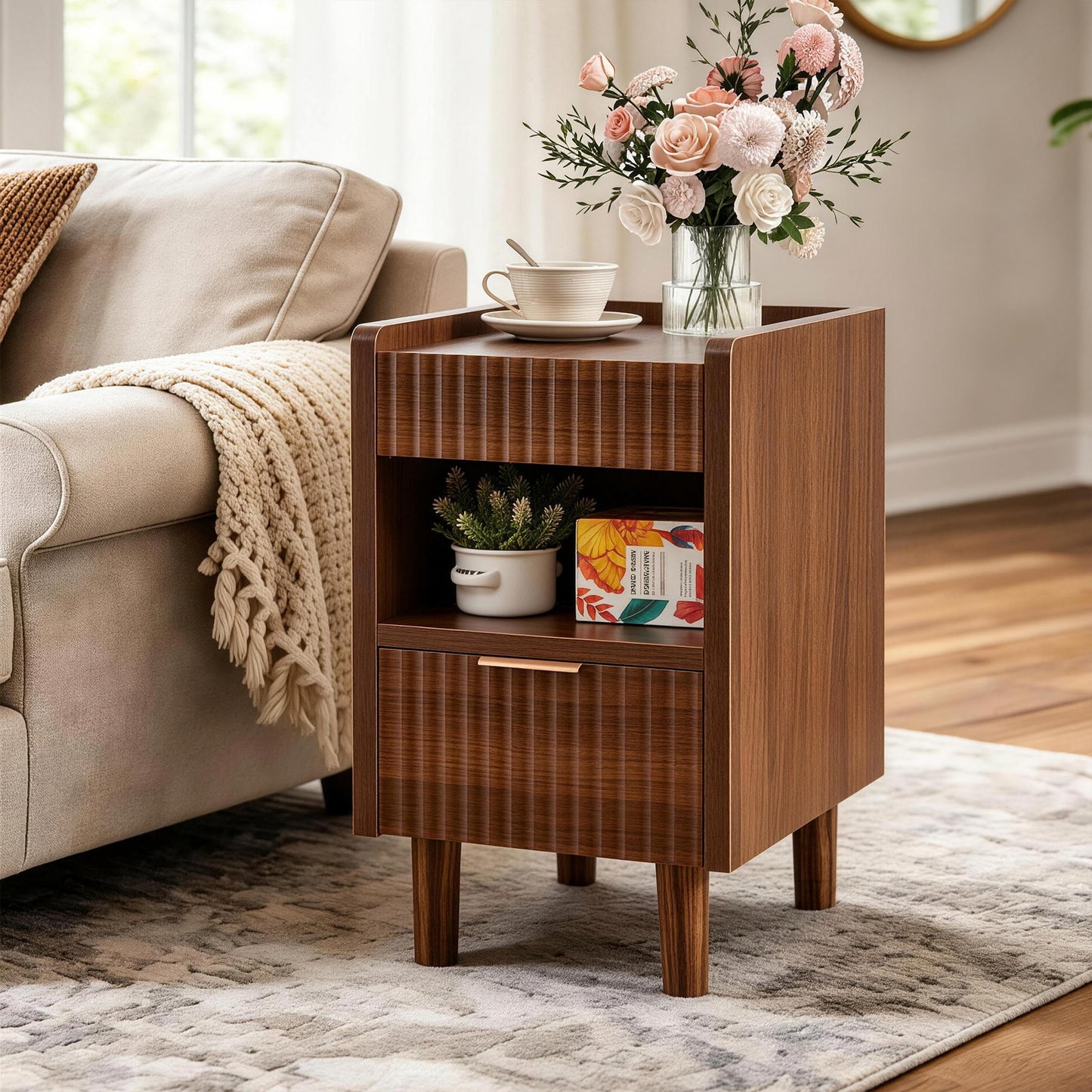 Walnut Brown Fluted Wood Nightstands with Drawer and Open Storage, 2 Pack Modern Bedroom Bedside Side End Tables for Living Room Home Decor image 2