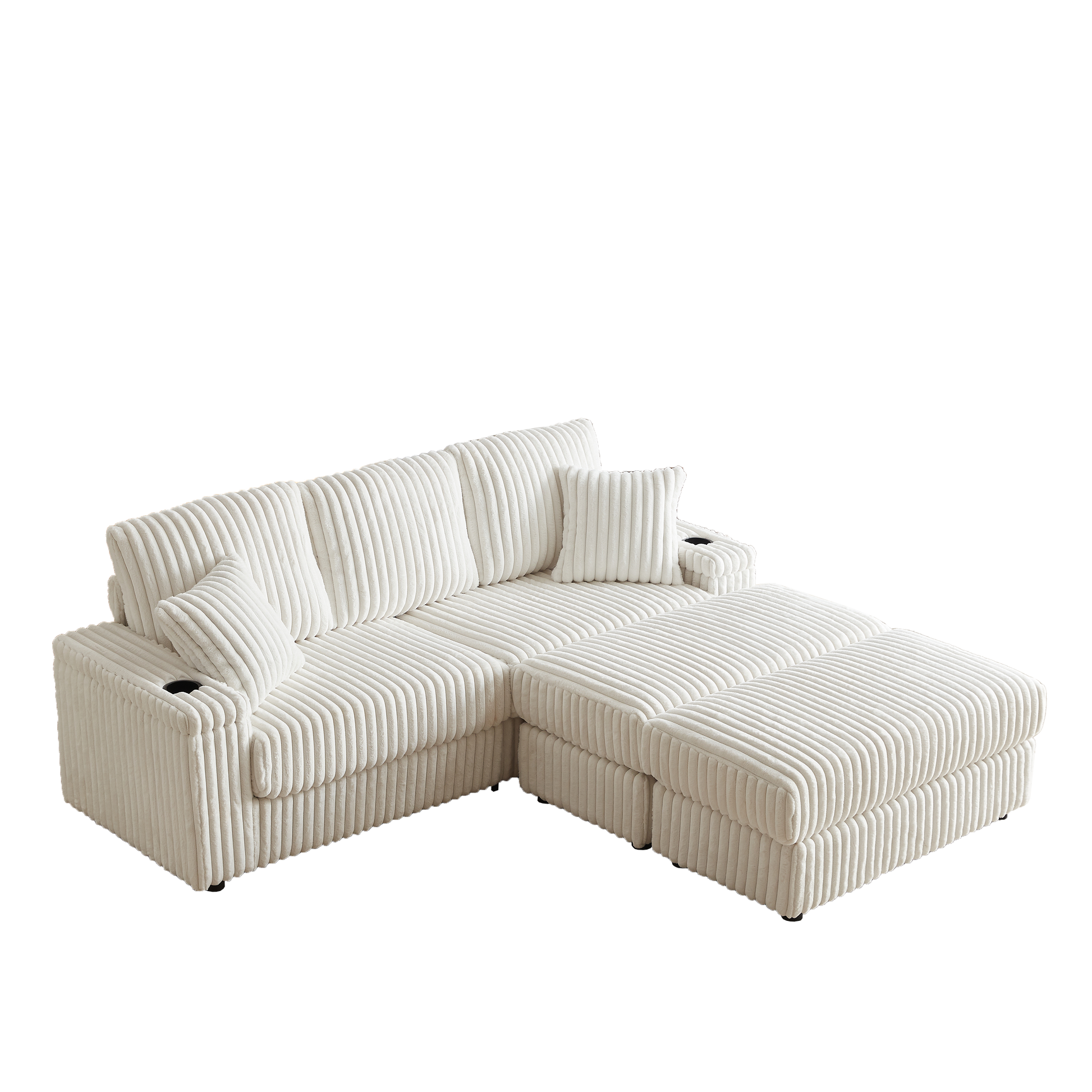 84Inch Corduroy 3-seater sofa With 3 back pillows,2 toss pillows, 2 ottoman,2 Footstool Storage and cup-holding grooves Comfy Sofa- Deep Seat Couch for Living Room image 6