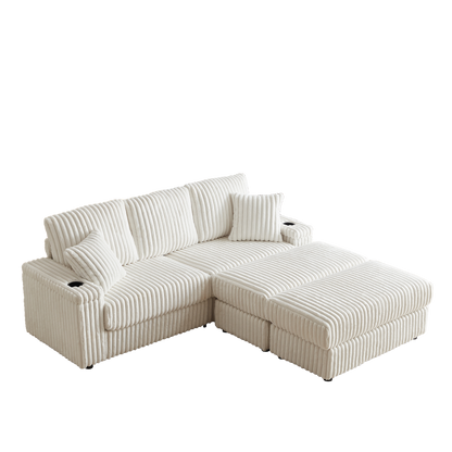 84Inch Corduroy 3-seater sofa With 3 back pillows,2 toss pillows, 2 ottoman,2 Footstool Storage and cup-holding grooves Comfy Sofa- Deep Seat Couch for Living Room image 6