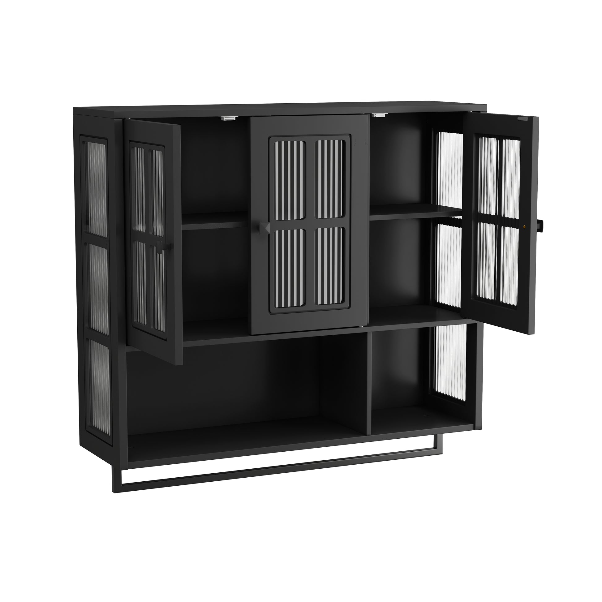Bathroom Wall Cabinet, 3-Door Wooden Wall Cabinet with Open and Hidden Storage Space, Medicine Cabinet with Glass Door and Towel Bar for Entryway Living Room Bathroom Dining Room,Black image 9