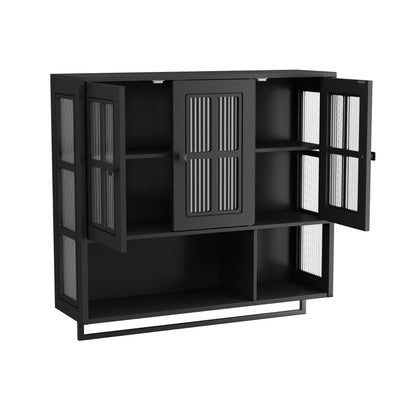 Bathroom Wall Cabinet, 3-Door Wooden Wall Cabinet with Open and Hidden Storage Space, Medicine Cabinet with Glass Door and Towel Bar for Entryway Living Room Bathroom Dining Room,Black image 9