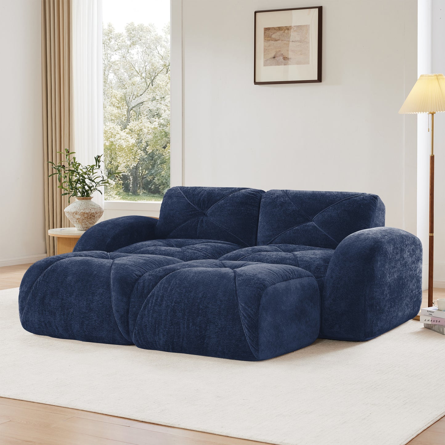 U-shaped Boneless Sofa,Soft Velvet Fabric,Tufted Design,32D High Density Sponge,No Assembly Required,Ergonomic Design Bottom, Anti-Slip Design,Movable Ottomans For Bedrooms,Blue image 2