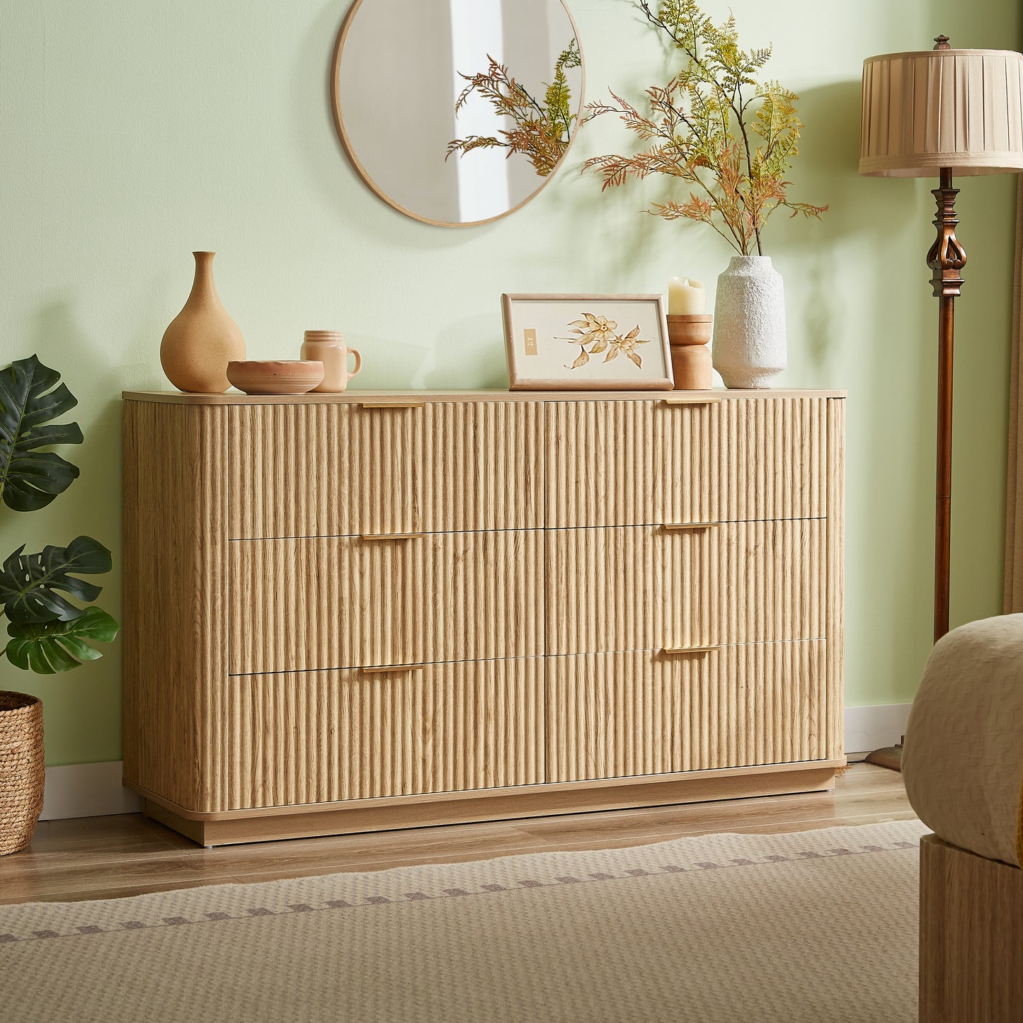 6 Drawers Dresser,55" Wide Modern Chest of Drawers Curved wave Design, Dresser TV Stand, Wood Drawer Organizer for Bedroom, Living Room, Hallway, Walnut,55.12''W x 15.75''D x 31.5''H. image 1