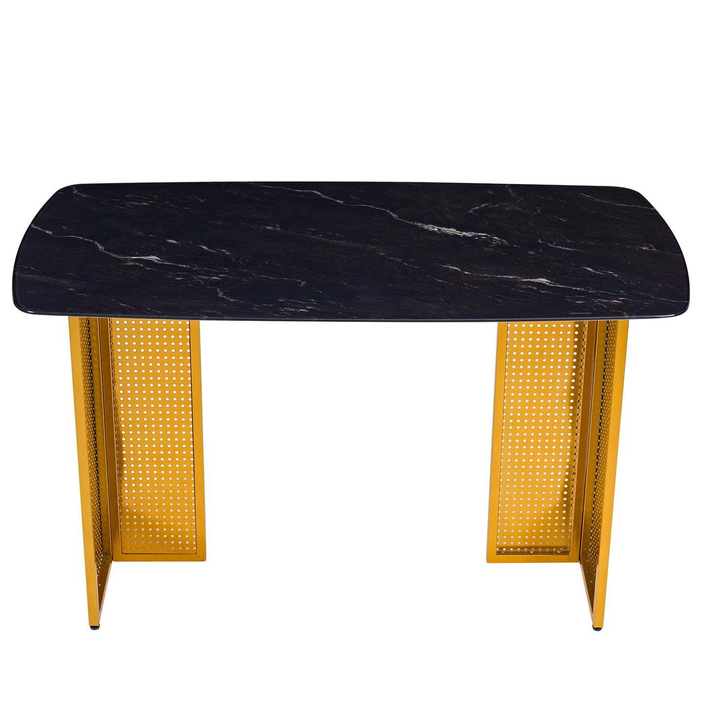 Modern-Style Rectangular Tempered Glass Dining Table for 6, Featuring a Marble-Patterned Design with Golden Hollow-Out Metal Legs, an Ideal Dining Table for Living Rooms and Home Offices. image 5