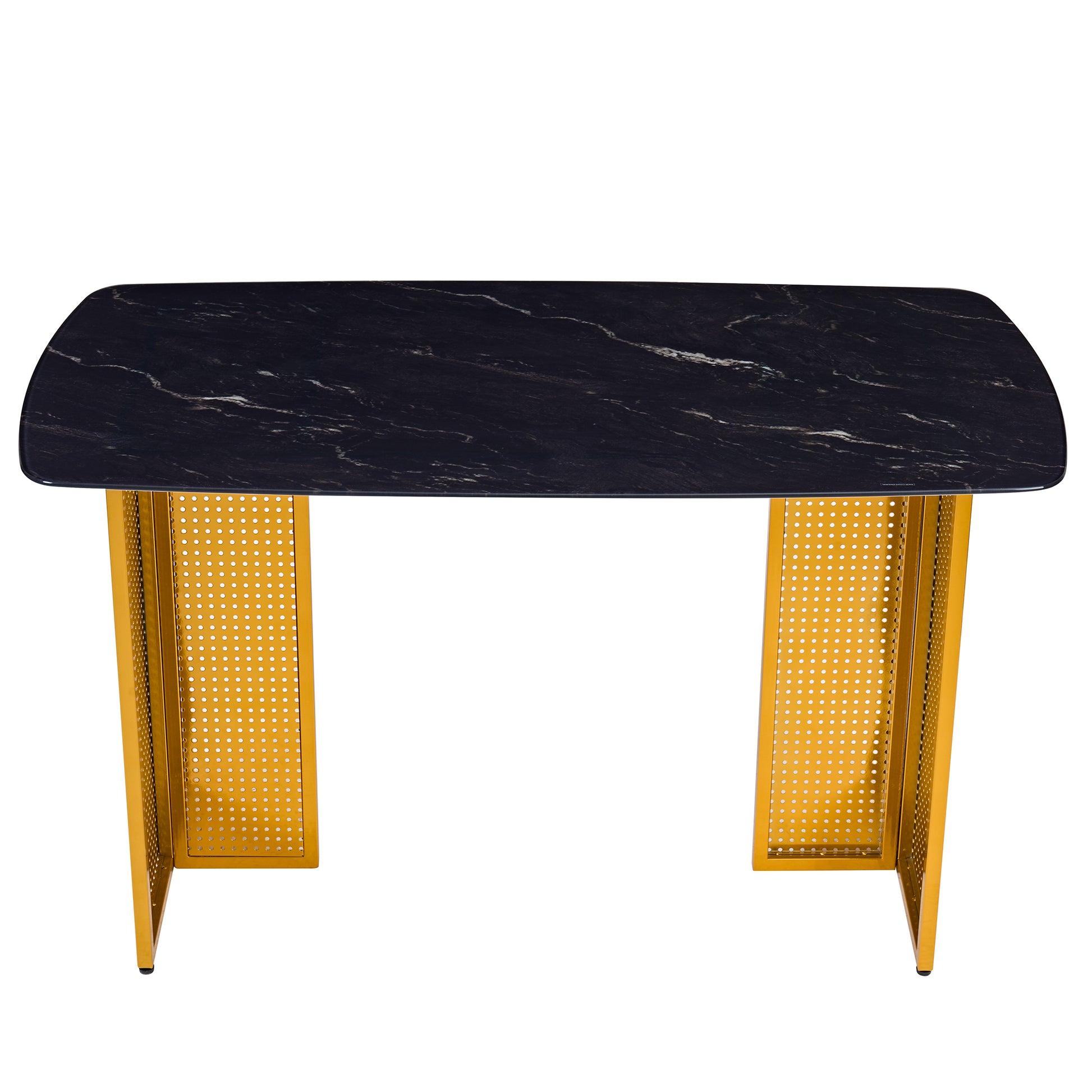 Modern-Style Rectangular Tempered Glass Dining Table for 6, Featuring a Marble-Patterned Design with Golden Hollow-Out Metal Legs, an Ideal Dining Table for Living Rooms and Home Offices. image 5