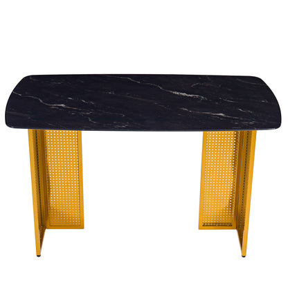 Modern-Style Rectangular Tempered Glass Dining Table for 6, Featuring a Marble-Patterned Design with Golden Hollow-Out Metal Legs, an Ideal Dining Table for Living Rooms and Home Offices. image 5