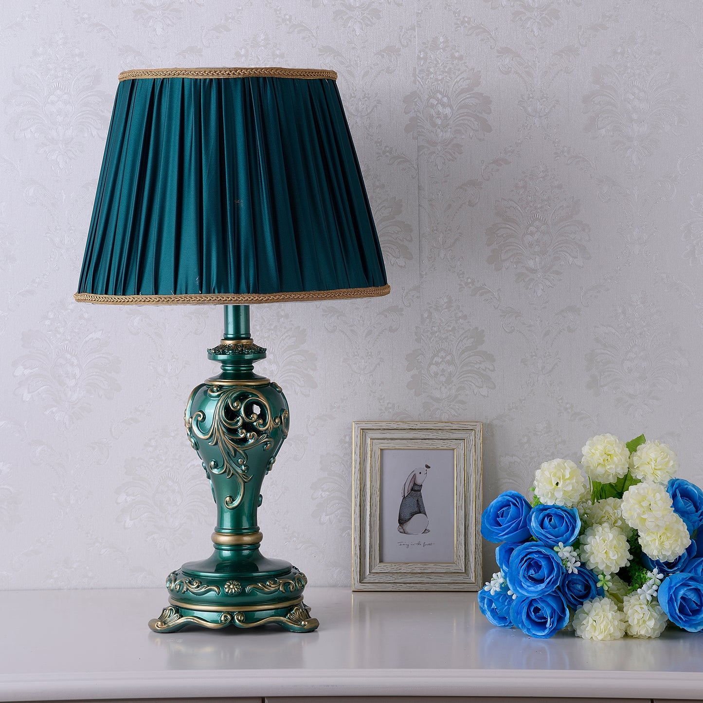 Farmhouse Table Lamps for Living Room Bedroom, Vintage Table Lamp with Nightlight (BULB INCLUDED), Dark Green Hollow Out Resin Lamp for End Table image 7