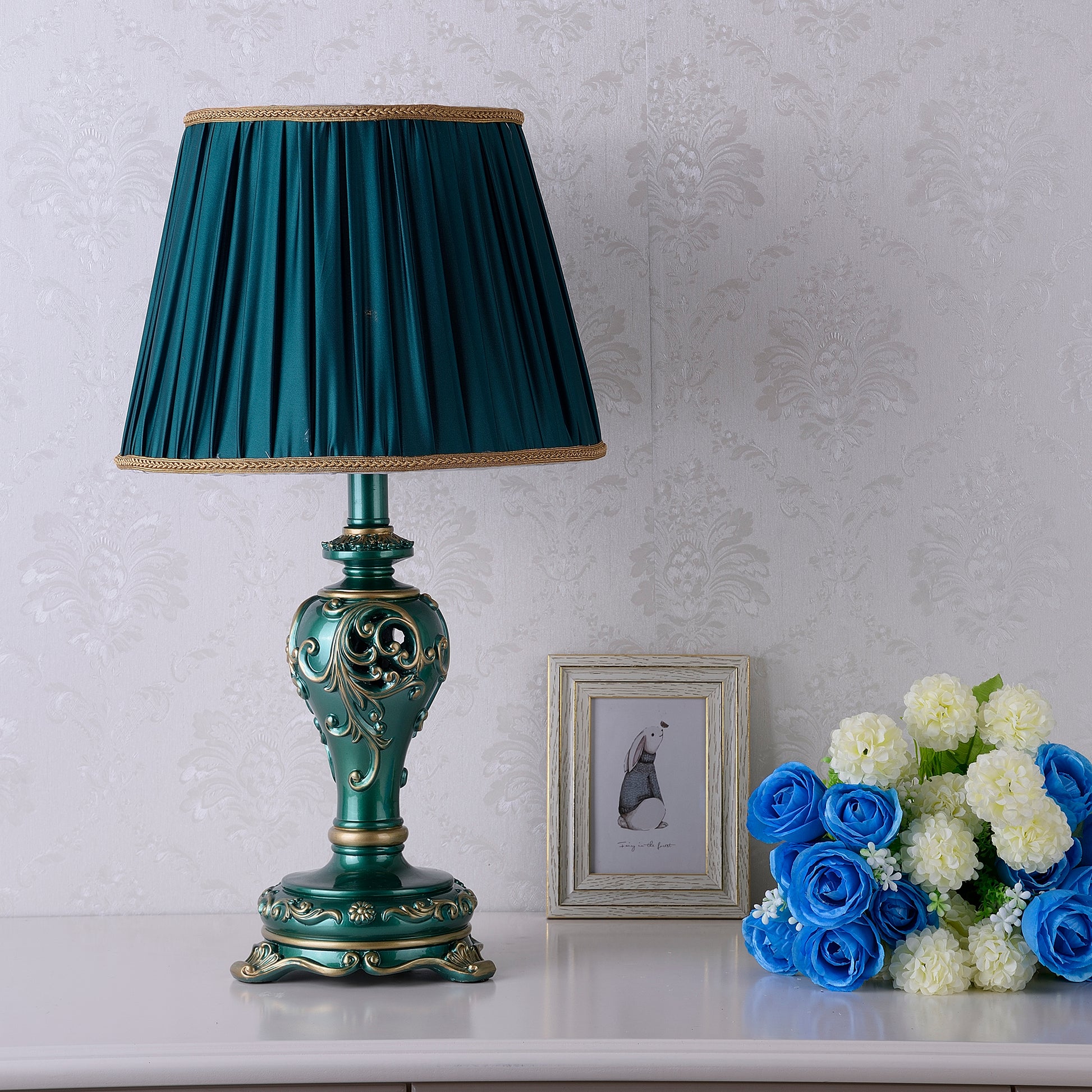 Farmhouse Table Lamps for Living Room Bedroom, Vintage Table Lamp with Nightlight (BULB INCLUDED), Dark Green Hollow Out Resin Lamp for End Table image 7