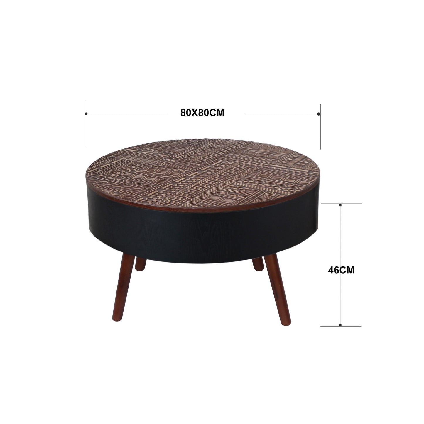 31.5" Round Carved Coffee Table with Storage Space, Mid-Century Modern Wooden Tea Table for Living Room, Apartment, Office,Brown+ Black. image 7