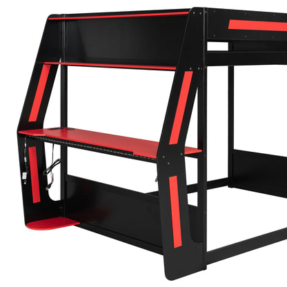 Full-Size Gaming Bunk Bed with Side-Mounted Oversized RGB Desk, USB Charging Ports & Cable Grommet, LED Light Strip, Heavy-Duty Esports Loft Frame – Cool Design-Red image 8