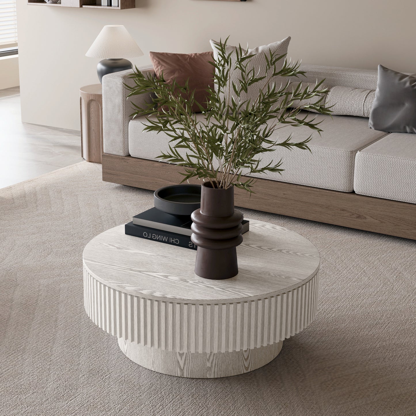 31.5'' Round Coffee Table with Storage Solid Wood Veneered Modern Coffee Table Accent Tea Table for Living Room, Bedroom, Apartment or Office, Retro White image 4