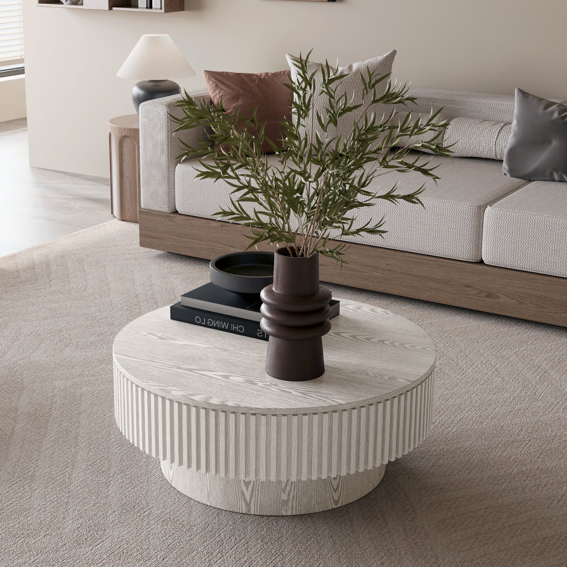 31.5'' Round Coffee Table with Storage Solid Wood Veneered Modern Coffee Table Accent Tea Table for Living Room, Bedroom, Apartment or Office, Retro White image 4