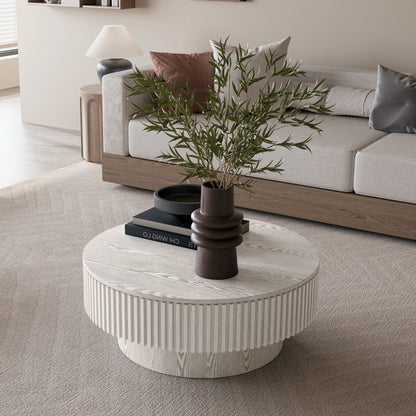 31.5'' Round Coffee Table with Storage Solid Wood Veneered Modern Coffee Table Accent Tea Table for Living Room, Bedroom, Apartment or Office, Retro White image 4