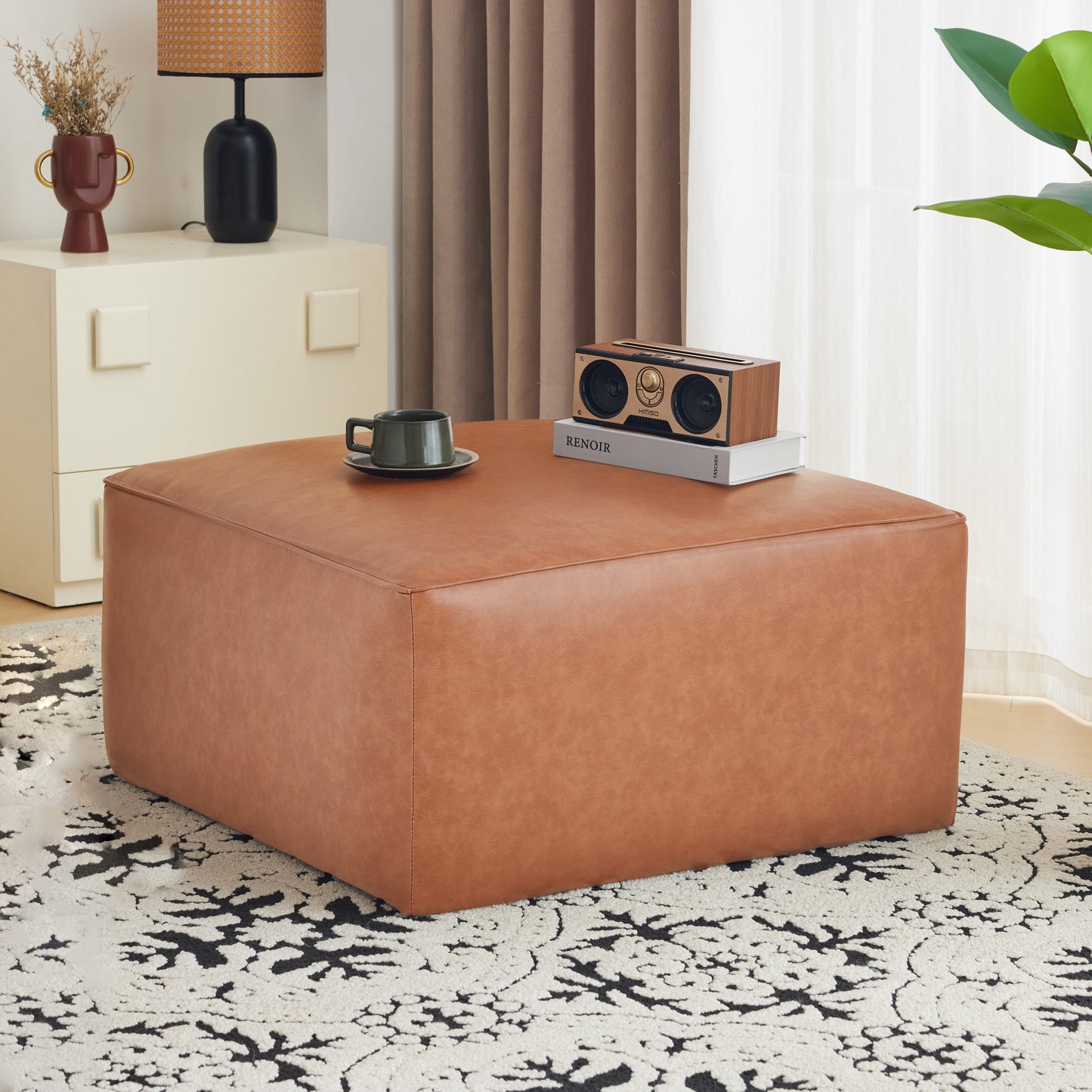Upholstered Square PU Leather Ottoman,Tan Brown (old sku N757P180768T) image 1