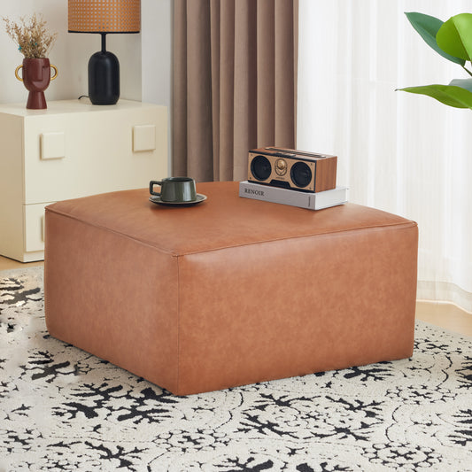 Upholstered Square PU Leather Ottoman Tan Brown front view