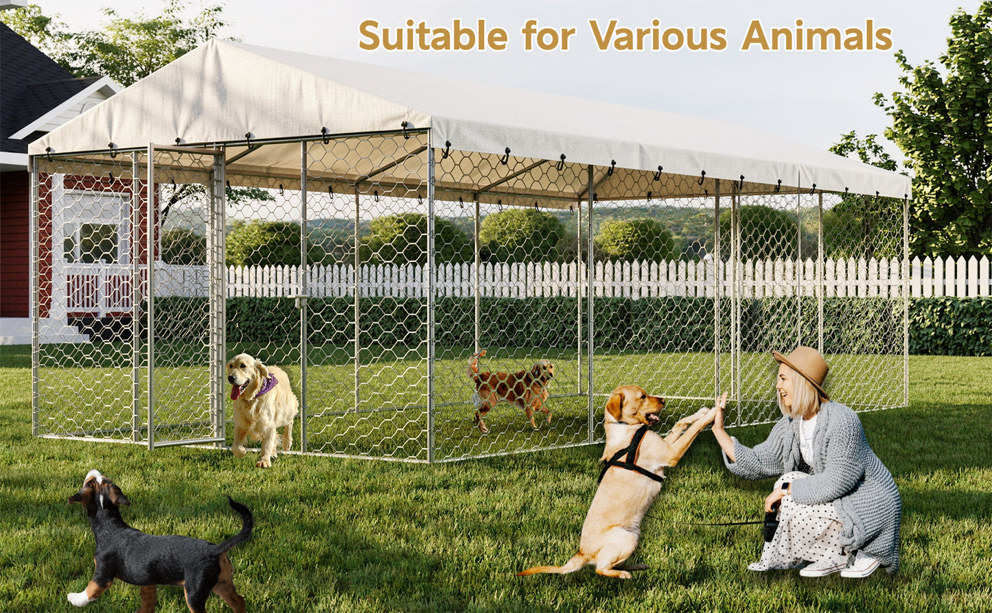 10x20 FT Large Outdoor Dog Kennel with Canopy, Heavy Duty Galvanized Steel Frame, Waterproof Cover, All-Weather Protection, Escape-Proof Lockable Pet Playpen for Large Dogs, Multiple Animals. image 10