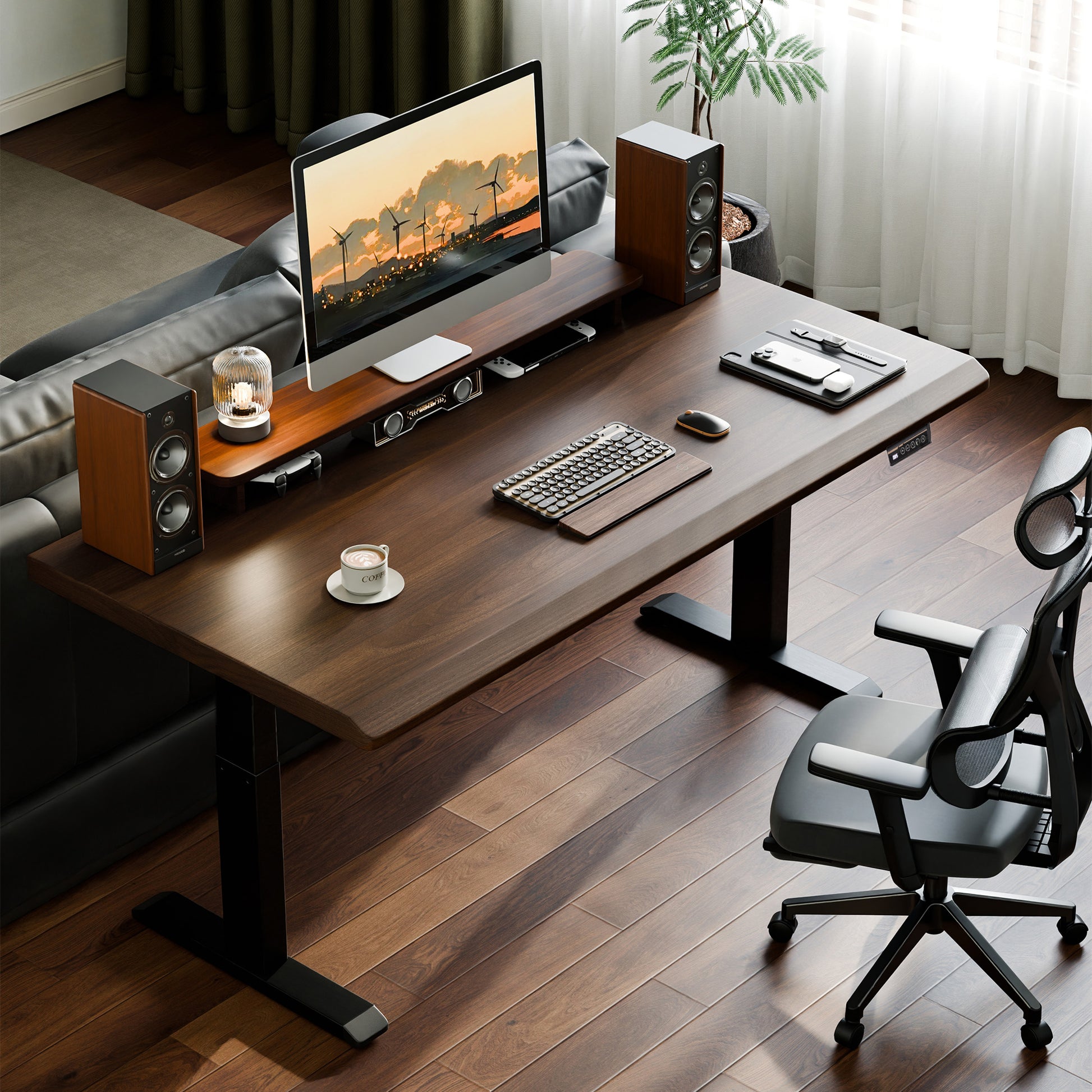 Solid Rubberwood Electric Standing Desk, Adjustable Height Sit Stand Desk with Single Motor, Ergonomic Home Office Desk with 2-Tier Legs image 1