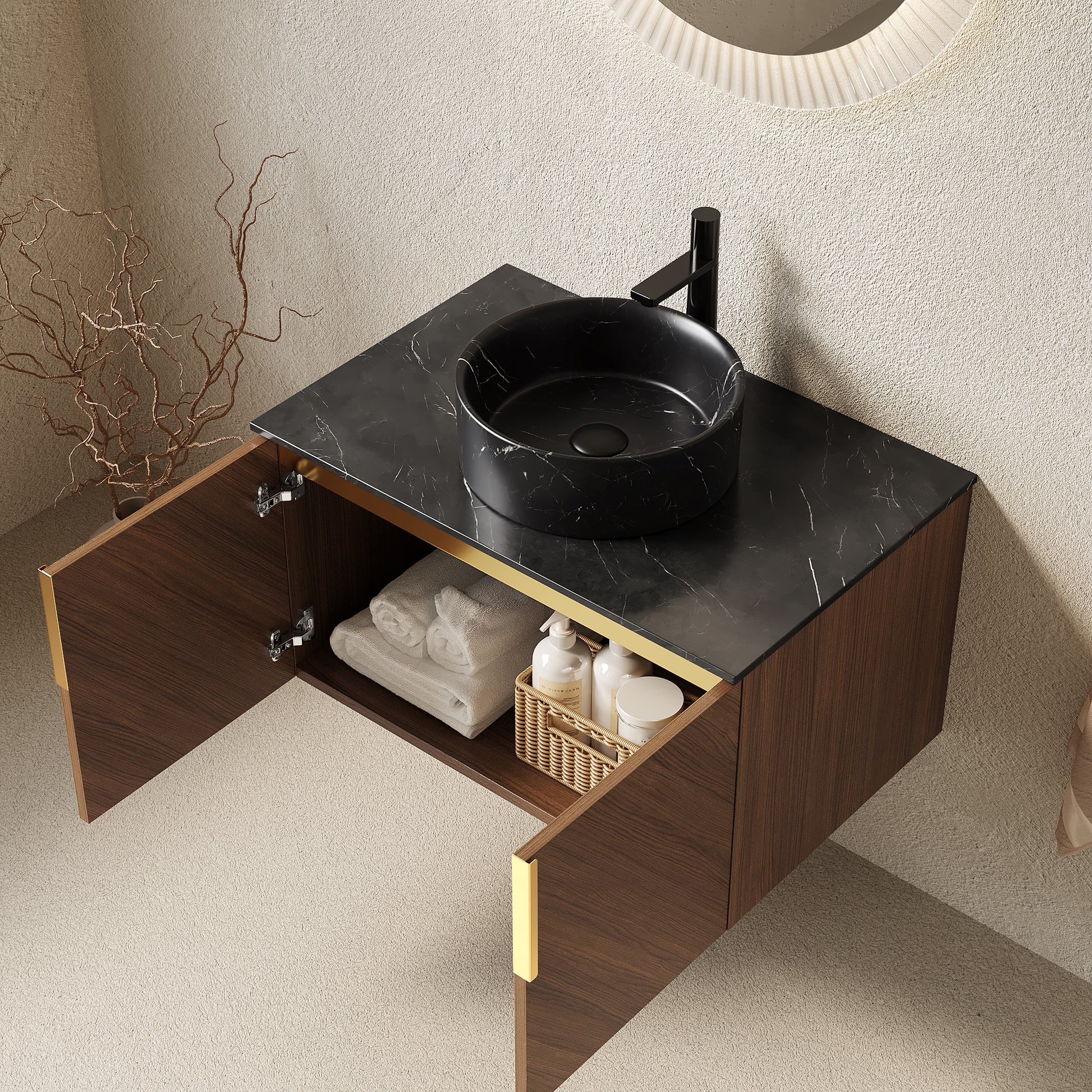 ARAI 30" Bathroom Vanity&Sink, Wall-Mounted Plywood Bathroom Storage Cabinet with Double Doors, Black Sintered Stone Countertop&Black Round Ceramic Basin with Stone Pattern, Brown Oak Woodgrain Color image 3