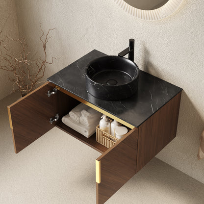 ARAI 30" Bathroom Vanity&Sink, Wall-Mounted Plywood Bathroom Storage Cabinet with Double Doors, Black Sintered Stone Countertop&Black Round Ceramic Basin with Stone Pattern, Brown Oak Woodgrain Color image 3