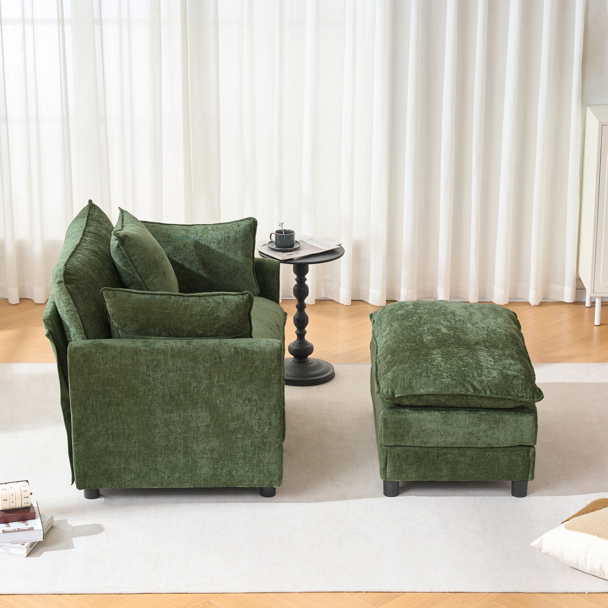 39.4" Modern Accent Chair with Ottoman, Living Room Club Chair Chenille Upholstered Armchair, Reading Chair for Bedroom, Green Chenille image 9