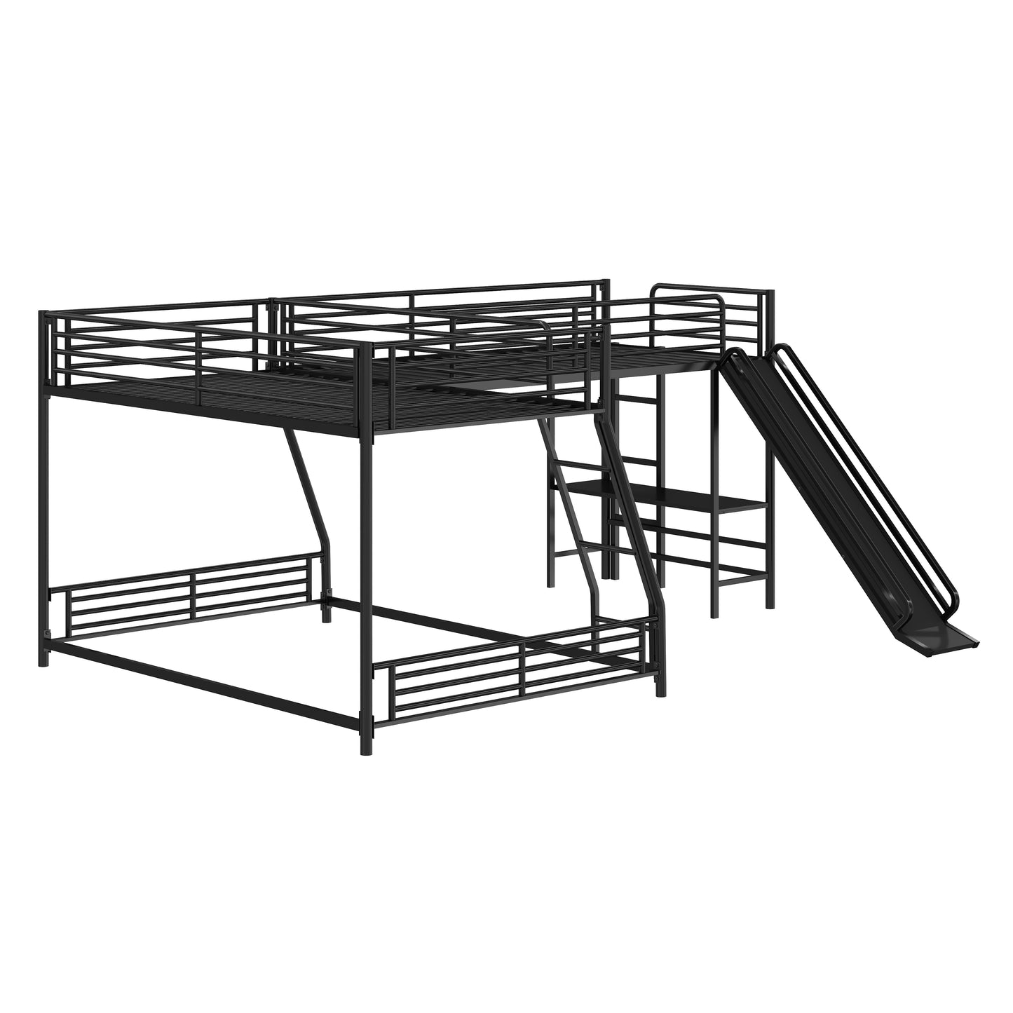 L-Shaped Twin over Full Bunk Bed with Twin Size Loft Bed,Built-in Desk and Slide,Black image 11