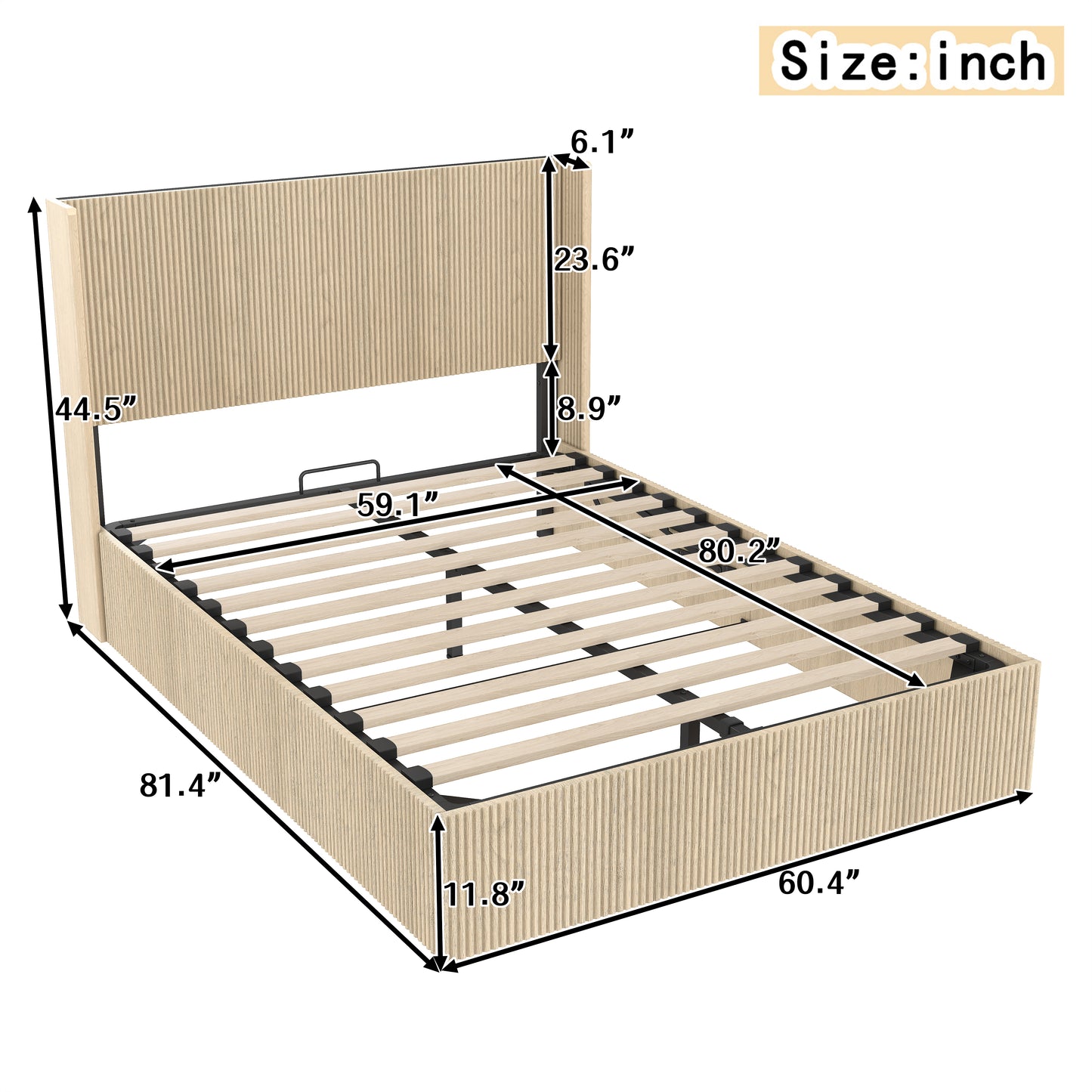 A large raised and undulating storage bed frame with grooves. The wooden platform bed frame has a storage function that can be lifted, without requiring a spring box / no noise. Oak color (Queen) image 7