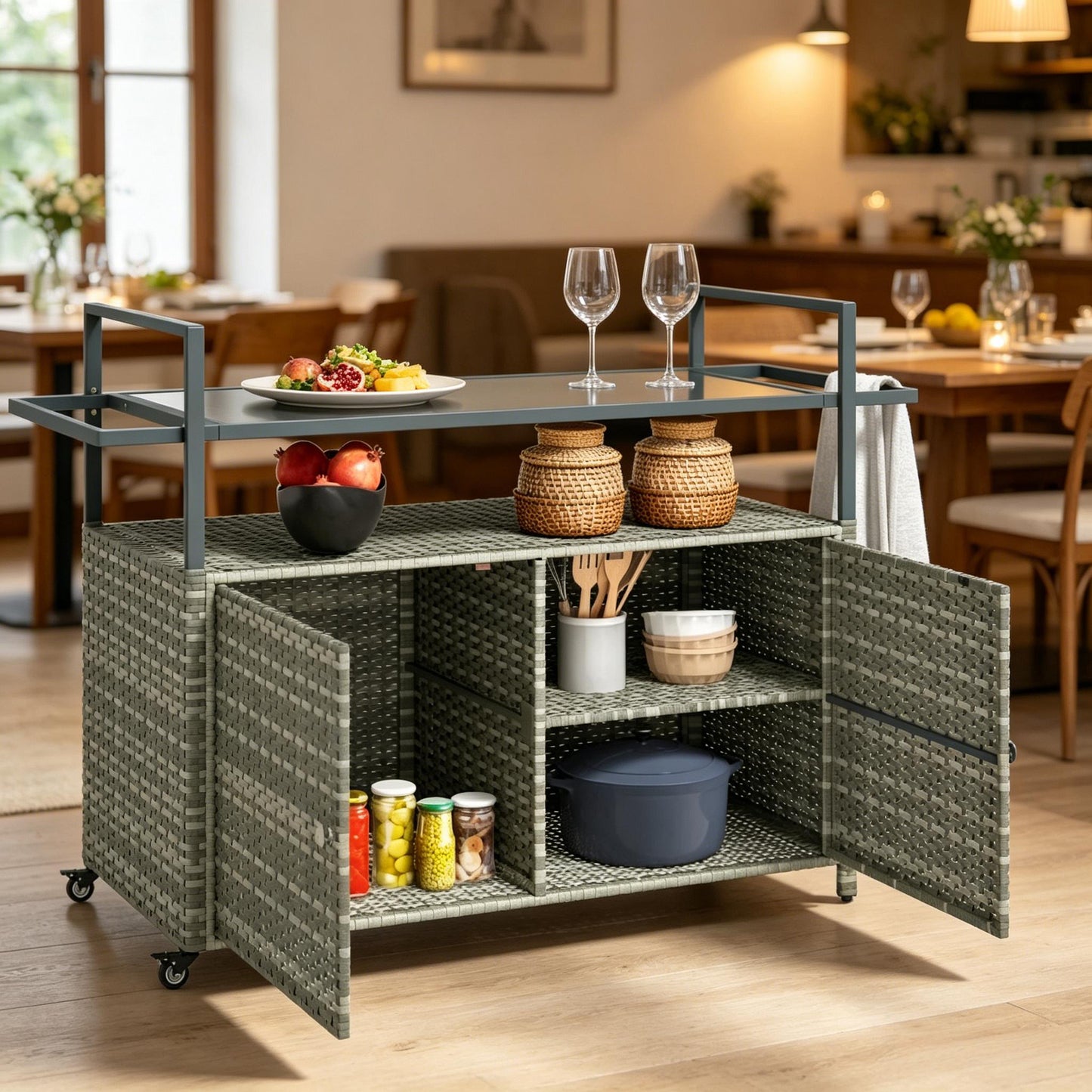 Mobile Bar Cart,Buffet Cabinet,Rattan Storage Cabinet,Outdoor Storage Table,Dining Room Storage Cart,Kitchen Island image 1