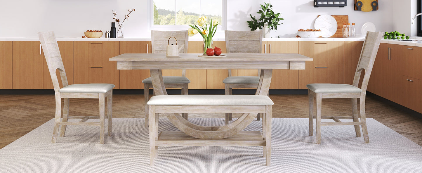 TOPMAX 6-Piece Wood Half Round Dining Table Set Kitchen Table Set with Long Bench and 4 Dining Chairs, Modern Style, Seadrift image 4