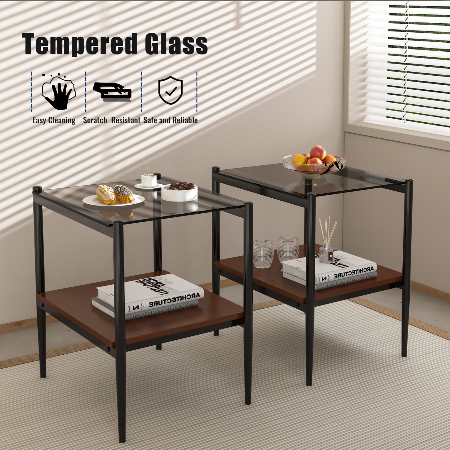 Set of 2 Rectangle End Table, Tempered Glass Tabletop with MDF layer, Modern Table for Living Room, Gray Glass image 6
