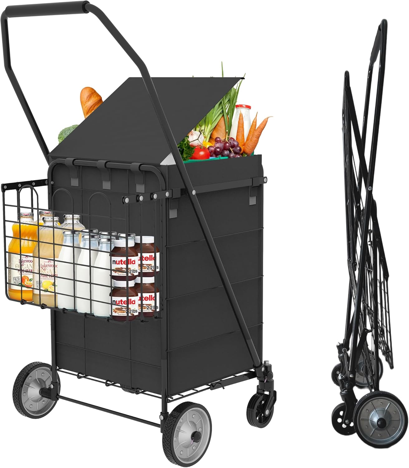 Shopping Cart Grocery Cart on Wheels - Waterproof Bag Included, 10-min Assembly Utility Wagon, Lightweight Shopping Cart with 360° Swivel Wheels for Grocery, Apartments, Laundry, Max Load 100 lbs image 1