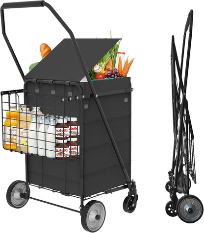 Shopping Cart Grocery Cart on Wheels - Waterproof Bag Included, 10-min Assembly Utility Wagon, Lightweight Shopping Cart with 360° Swivel Wheels for Grocery, Apartments, Laundry, Max Load 100 lbs image 1