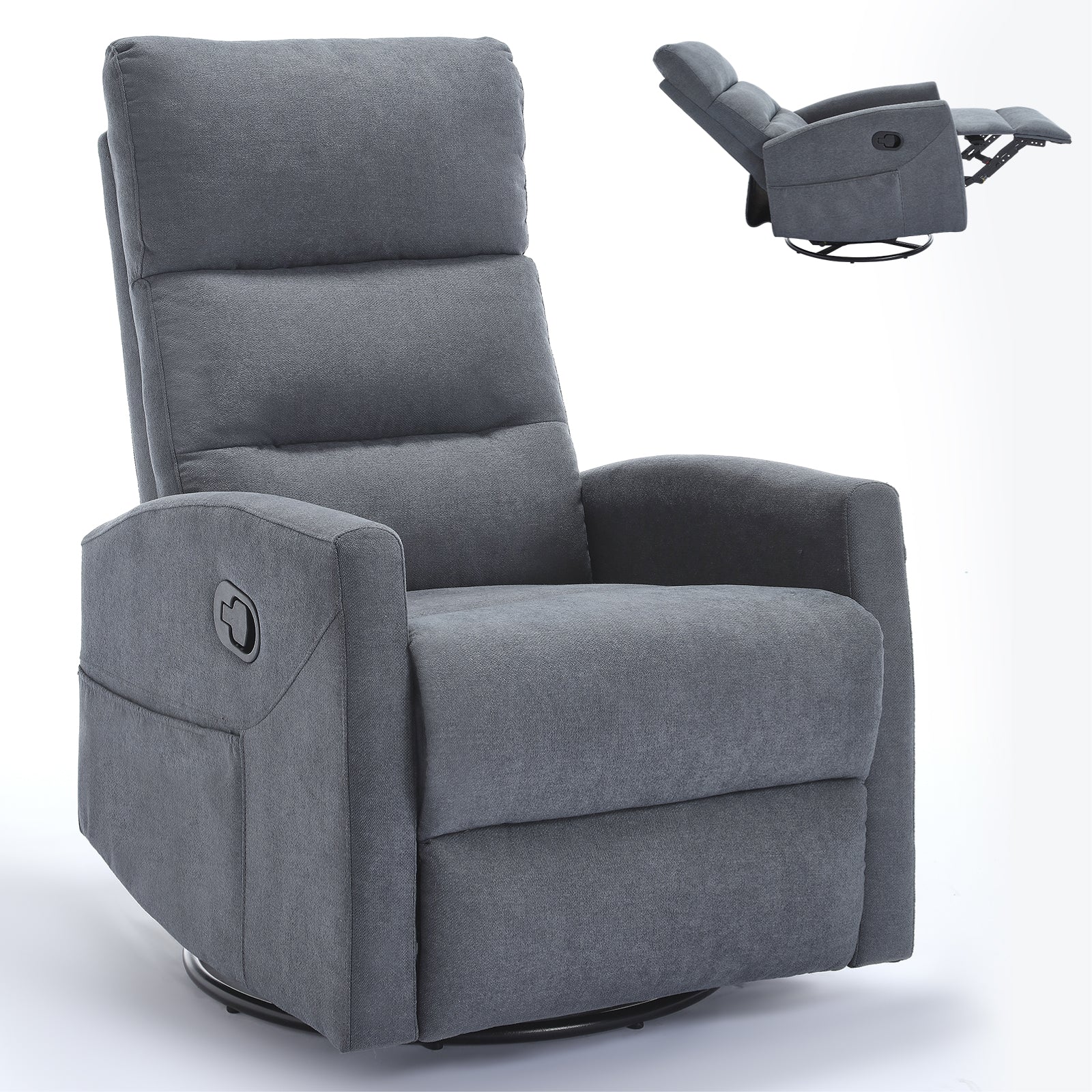 Manual Recliner Chair with Rocker and Swivel in Fabric for Living Room, Grey image 3