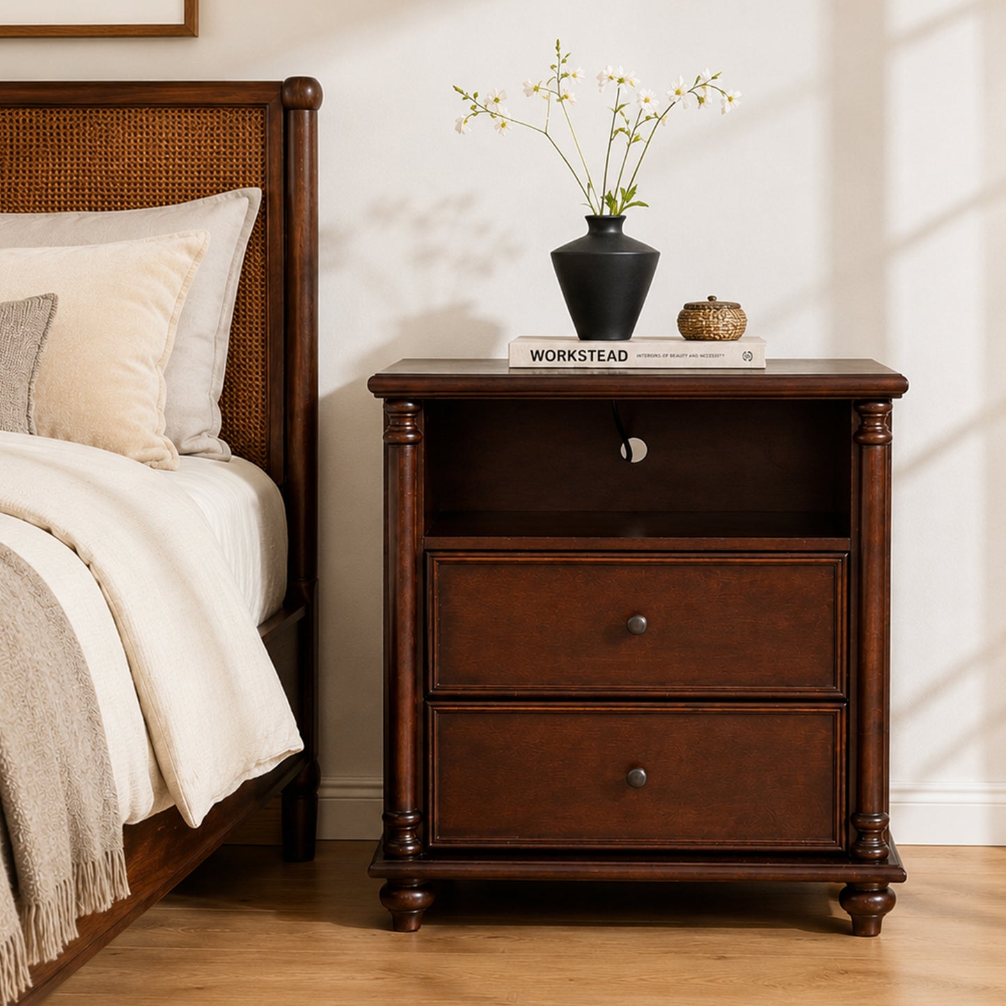 28"Nightstand with Charging Station, Rustic Brown Nightstand, 2 Drawers End Table, Bedside Table Walnut for bedroom image 1