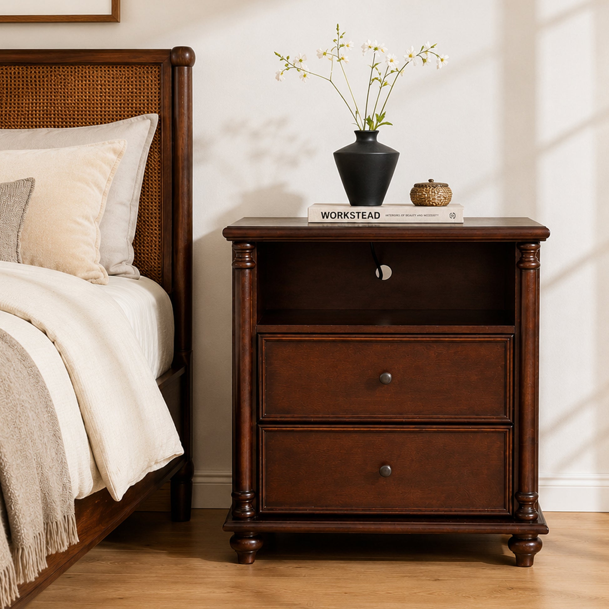 28"Nightstand with Charging Station, Rustic Brown Nightstand, 2 Drawers End Table, Bedside Table Walnut for bedroom image 1