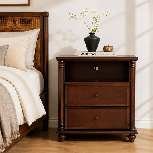 28"Nightstand with Charging Station, Rustic Brown Nightstand, 2 Drawers End Table, Bedside Table Walnut for bedroom image 1