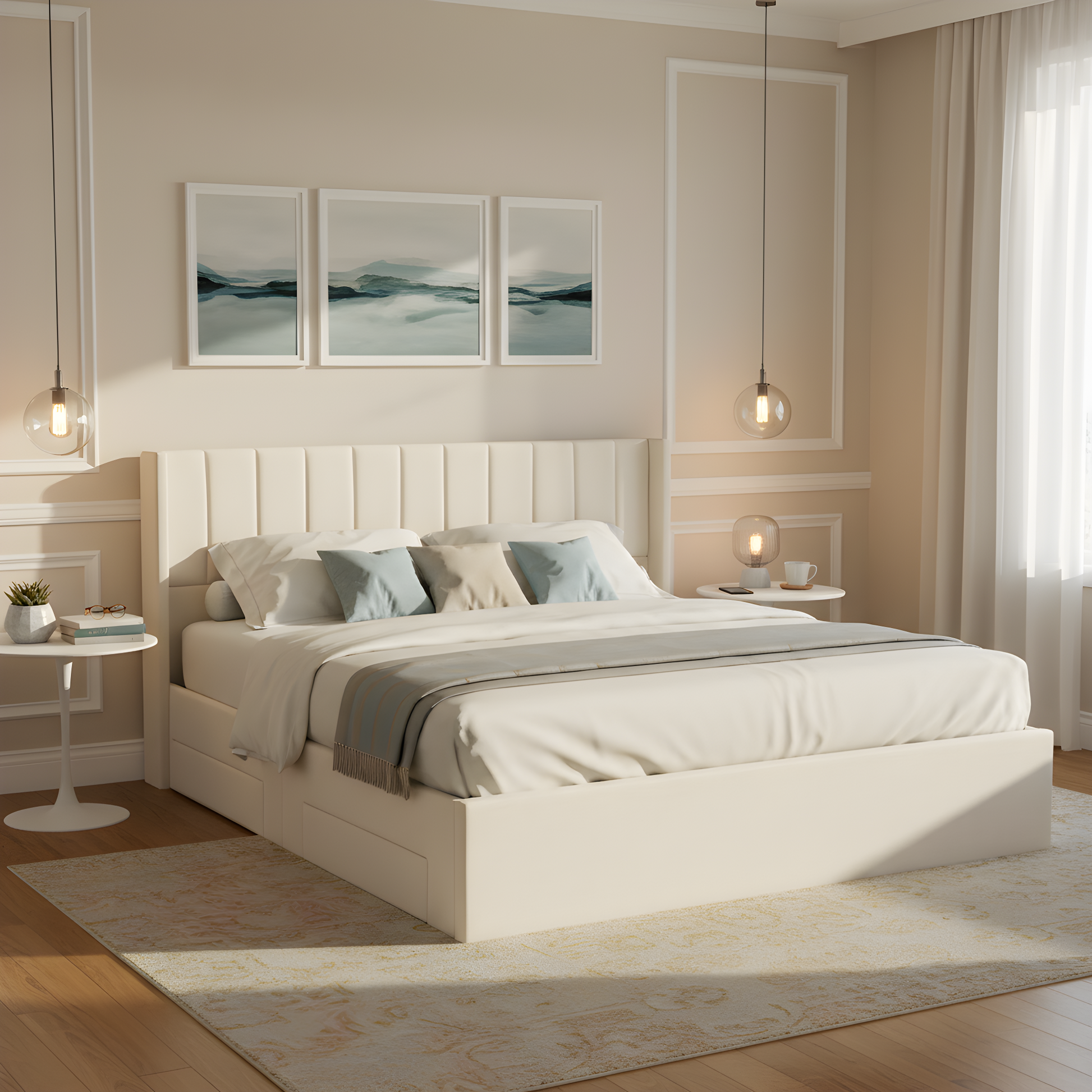 Large-capacity upholstered storage bed with drawers,Beige,King image 7