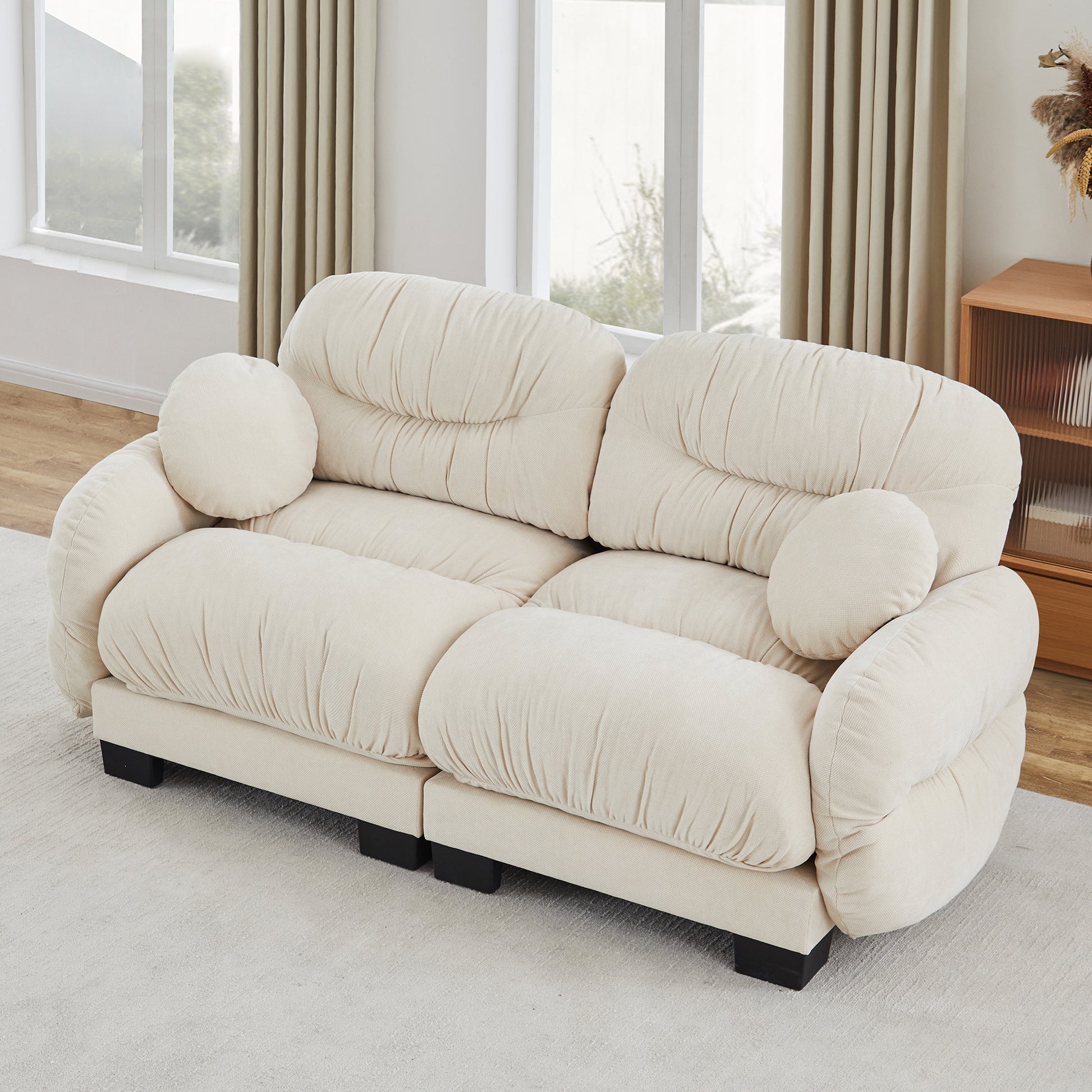Pleated Design Cozy Chenille Fabric 2 Seater Modular Sofa with High-Density Ergonomic Foam Seat, Curved Round Armrests and 2 Round Throw Pillows,Beige image 2