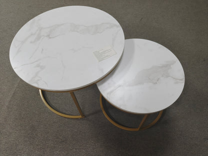 27.6in Nesting Coffee Table Set of 2, Round Coffee Table Wood Marble Pattern Top with Sturdy Metal Frame, End Table Side Tables for Living Room Bedroom Balcony Yard (White) image 3