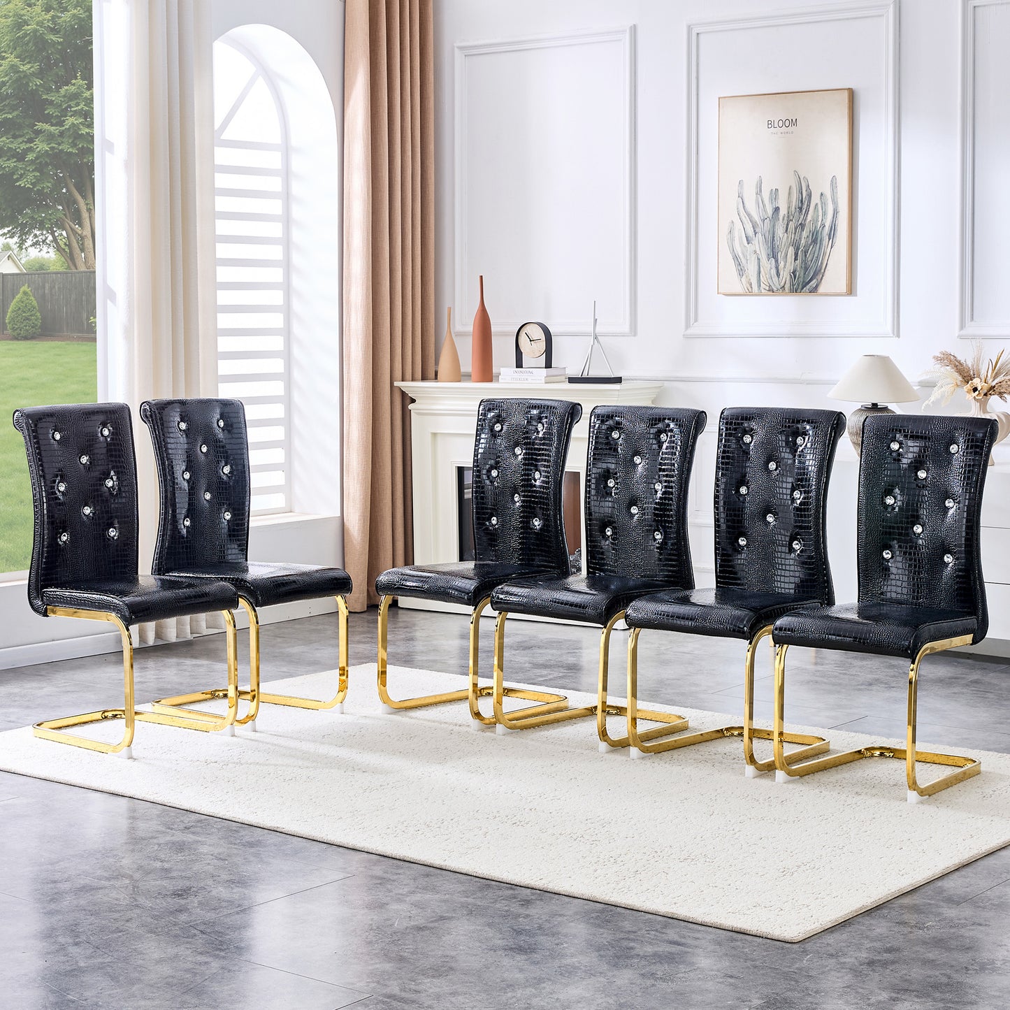 Set of 4,Retro alligator skin Upholstered dining chairs,with Crystal buckle design and Faux Leather design,a touch of elegance and mystery to the dining area,Gold plated metal bow leg image 5