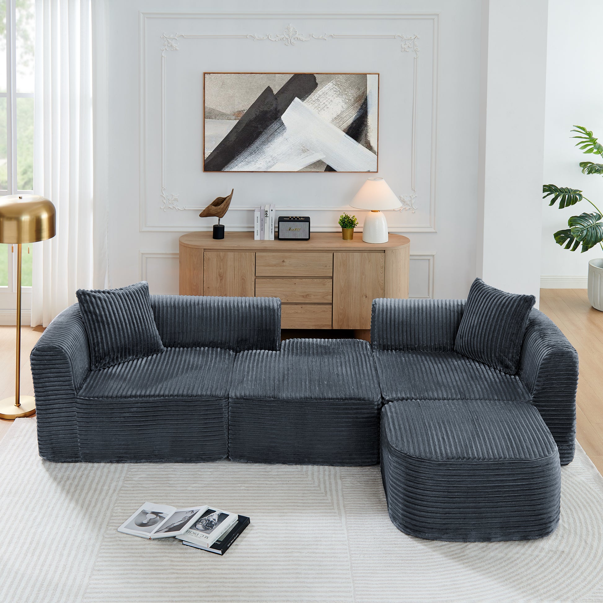 114" Cloud Sectional Couch with L-Shape Chaise, Modular Sofa with Movable Ottoman, Upholstered Couches for Living Room Bedroom, No Assembly Required, Grey image 1