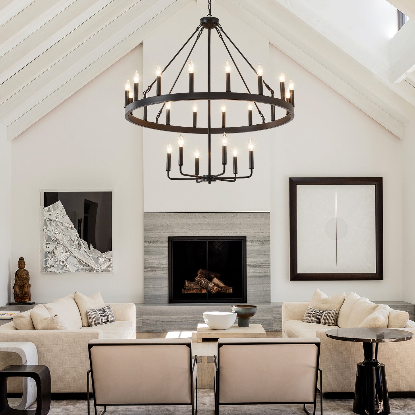 40'' 2 Tier Wagon Wheel Chandelier 16+6)22-Lights Farmhouse Industrial Country Style Round Pendant Light Fixture for Outdoor Porch high Ceilings Living Dining Room Foyer Entryway-BLACK image 3