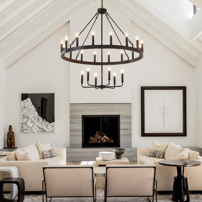 40'' 2 Tier Wagon Wheel Chandelier 16+6)22-Lights Farmhouse Industrial Country Style Round Pendant Light Fixture for Outdoor Porch high Ceilings Living Dining Room Foyer Entryway-BLACK image 3