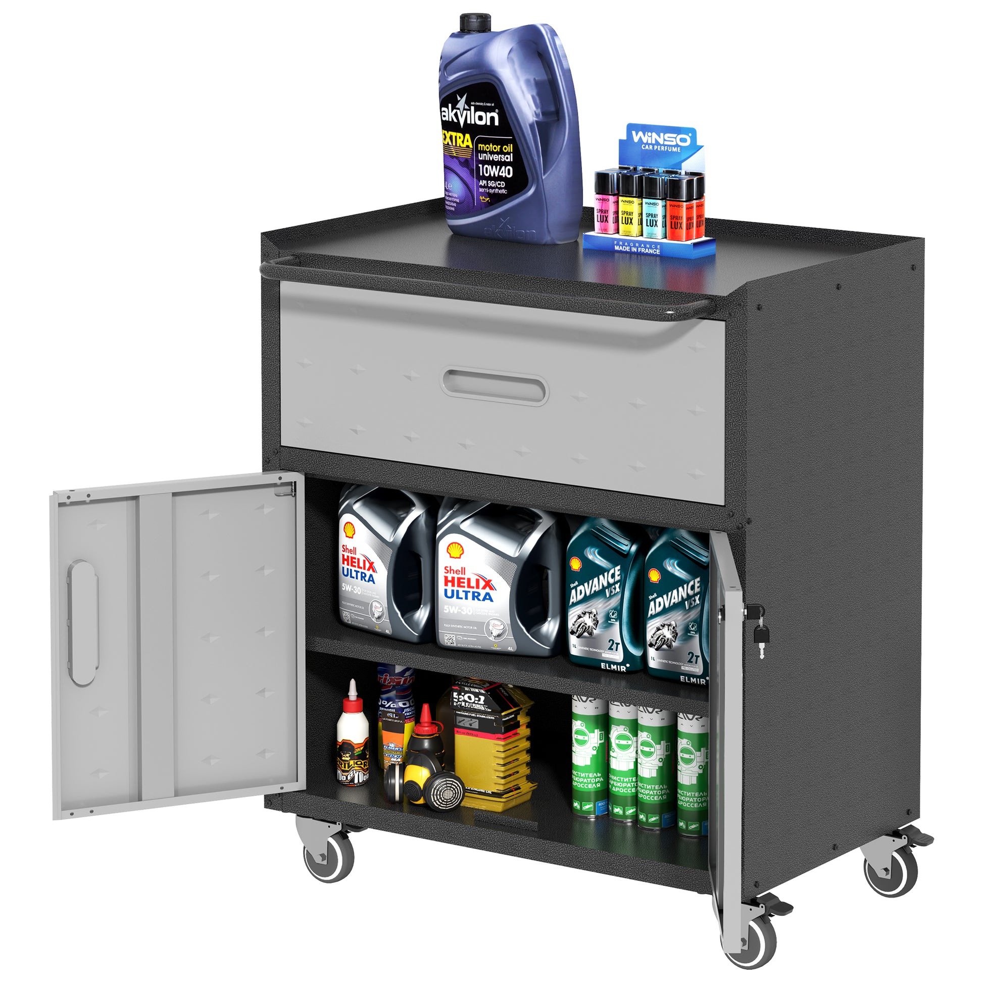 Sturdy and Durable Metal Tool Cabinet for Garage with Wheels - Mobile Heavy-Duty Storage Cabinet with 1 Drawer and 2 Locking Doors, Rolling Tool Storage Cabinet, Black and Gray image 5