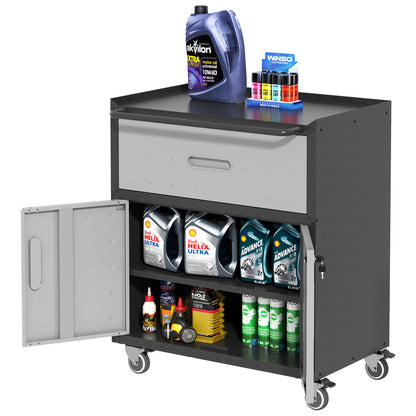 Sturdy and Durable Metal Tool Cabinet for Garage with Wheels - Mobile Heavy-Duty Storage Cabinet with 1 Drawer and 2 Locking Doors, Rolling Tool Storage Cabinet, Black and Gray image 5