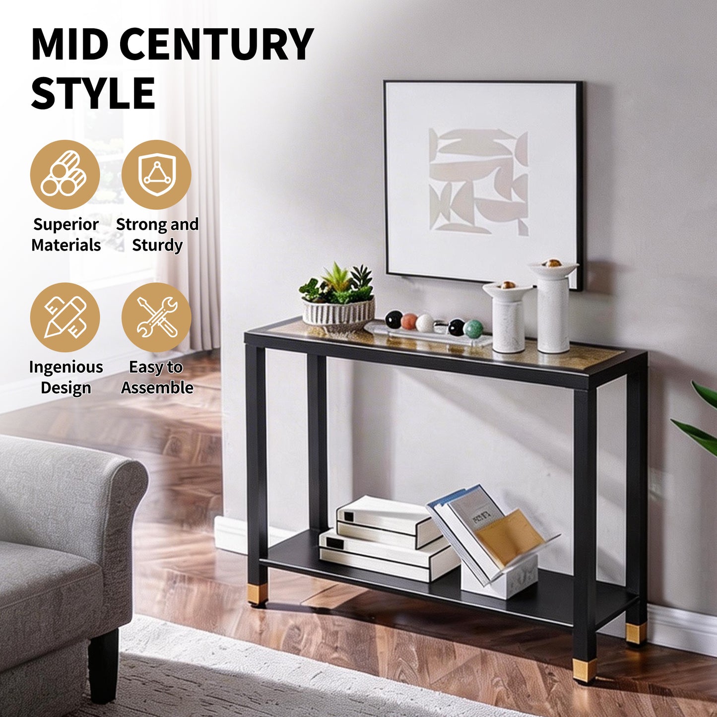 Glass Entryway Table, 2-Tier Entry Way Console Entrance Table, 41"L Narrow Sofa Table with Shelves, Ideal for Hallway, Entryway, Living Room, Foyer, Corridor, and Office (Gold & Black) image 3